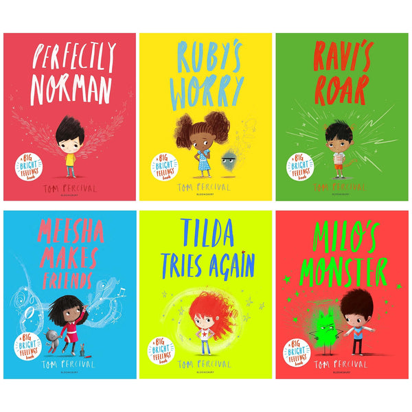 A Big Bright Feelings Collection 6 Books Set by Tom Percival (Perfectly Norman, Ruby’s Worry, Ravi&amp;#39;s Roar, Meesha Makes Friends, Tilda Tries Again &amp;amp; Milo&amp;#39;s Monster)