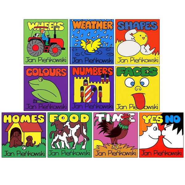 Jan Pienkowski 10 Books Children Collection Set (Wheels, Weather, Shapes, Colours, Numbers, Faces, Homes, Food, Time & Yes No)