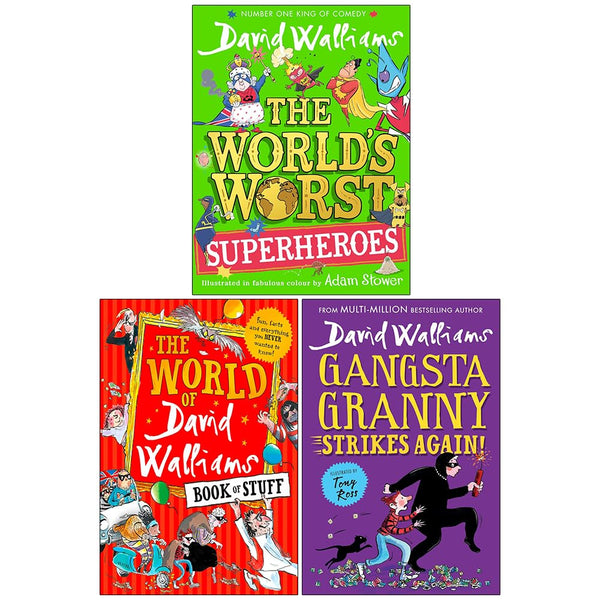 David Walliams Collection 3 Books Set (The World's Worst Superheroes, The World of David Walliams Book of Stuff and Gangsta Granny Strikes Again!)