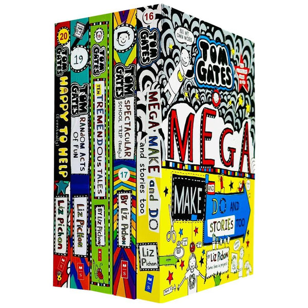 Tom Gates Series 16-20 Collection 5 Books Set By Liz Pichon (Mega Make and Do and Stories Too, Spectacular School Trip (Really.), Ten Tremendous Tales, Random Acts of Fun & Happy to Help eventually)