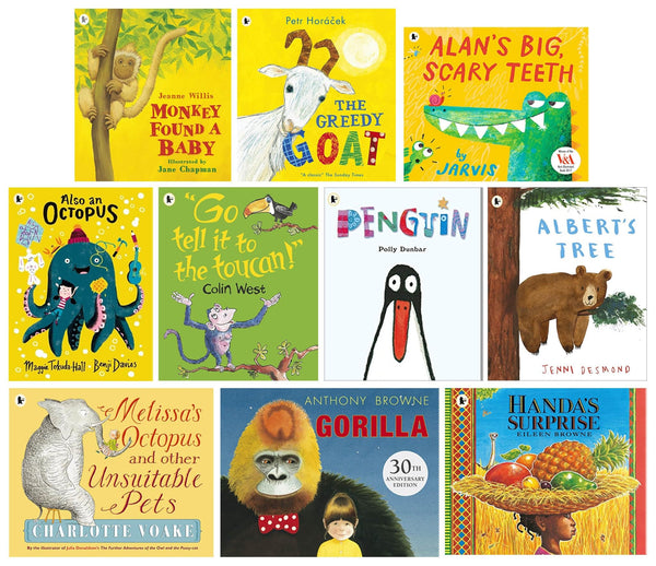 Wild About Animals 10 Childrens Picture Books Collection Set (Penguin, Monkey Found A Baby, Go Tell It To The Toucan!, Also An Octopus, Albert's Tree, The Greedy Goat, Gorilla, Handa's Surprise and 2 More)