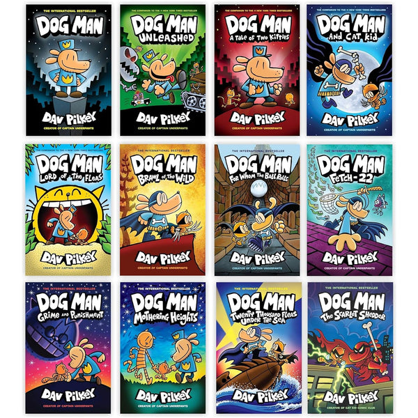 Dog Man Series 1-12 Books Collection Set By Dav Pilkey (Dog Man, Unleashed, Tale Of Two Kitties, Dog Man and Cat Kid, Lord of The Fleas, Brawl of The Wild, For Whom The Ball Rolls, Fetch-22 &amp; More)