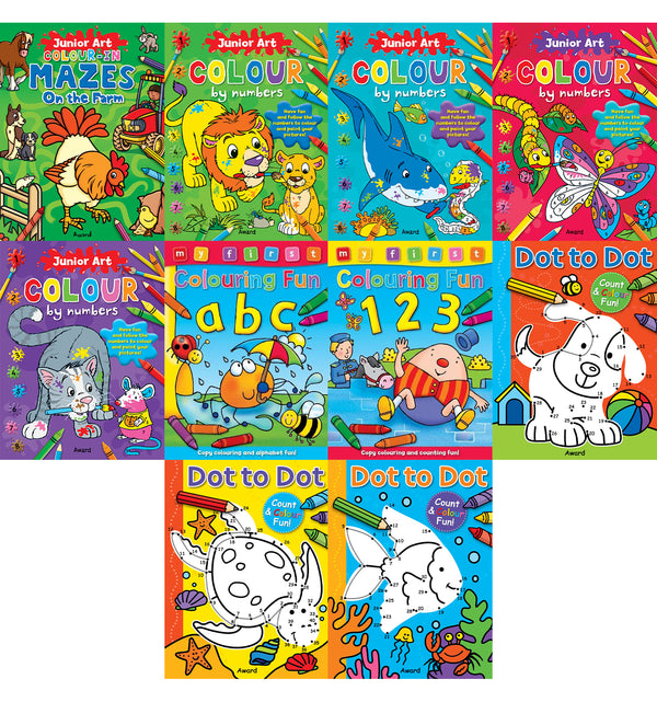 Children's Drawing and Colouring Activity Books 10 Books Set (Junior Art, My First Colouring Fun, Dot to Dot Books)