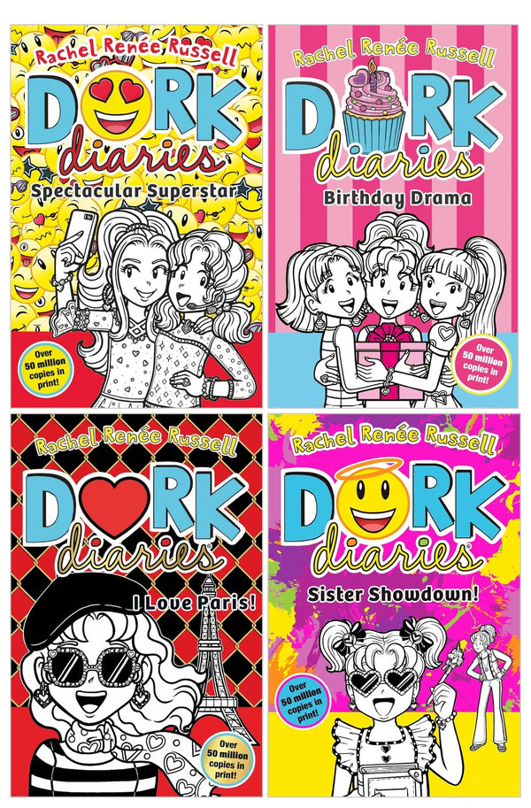 Dork Diaries Collection 4 Books Set (Volume 13-16) By Rachel Renee Russell (Birthday Drama!, Spectacular Superstar, I Love Paris!, Sister Showdown!)