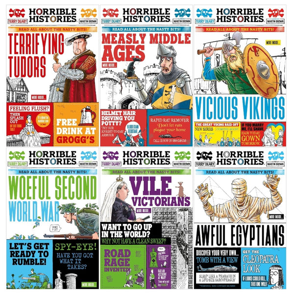Horrible Histories 6 Book Collection Set (Awful Egyptians, Vicious Vikings, Measly Middle Ages, Terrifying Tudors, Vile Victorians, Woeful Second World War)