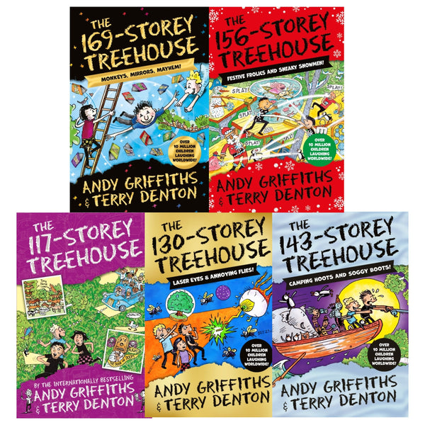 The Treehouse Storey Series 5 Books Collection Set by Andy Griffiths & Terry Denton - 169 Storey, 156 Storey, 143 Storey, 130 Storey and 117 Storey.