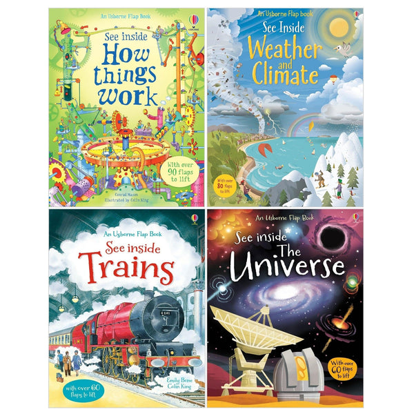 Usborne See Inside Series 4 Books Set (How Things Work, Trains, Weather and Climate, The Universe) (Usborne Flap Books)