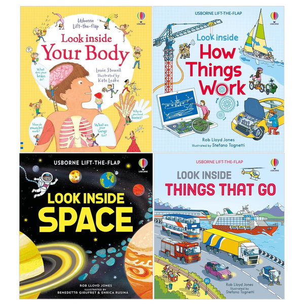 Usborne Lift-The-Flap Look Inside Series 4 Books Set (Your Body, Space, Things That Go, How Things Work)