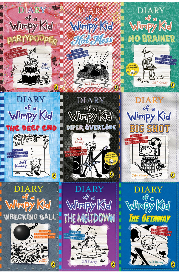 Diary of a Wimpy Kid Collection 9 Books Set - Partypooper, Hot Mess, No Brainer, Diper Overlode, Big Shot, The Deep End, Wrecking Ball, The Meltdown and The Getaway