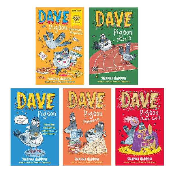 Dave Pigeon Collection 5 Books Set Including World Book Day By Swapna Haddow (Dave Pigeon, Nuggets, Racer, Royal Coo! &amp; Bookshop Mayhem!)