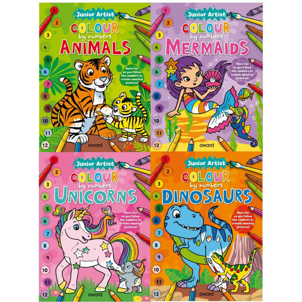 Junior Artist Colour By Numbers 4 Books Collection Set For Childrens Skills Development Dinosaurs, Unicorn, Mermaid, Animals