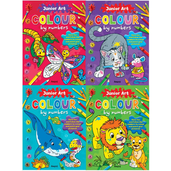 Junior Art Colour By Numbers 4 Books Collection Set For Childrens Skills Development Butterfly, Cats, Lion, Shark