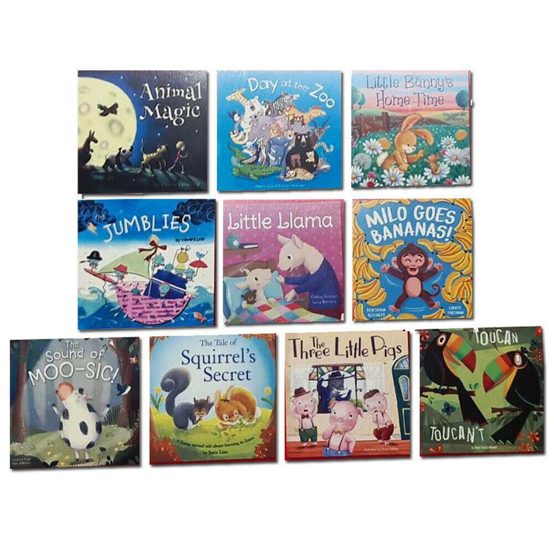 ["10 Books Set", "9781789586947", "Animal Magic", "Bestselling Children Book", "children picture books", "children picture books set", "children picture flat collection", "children picture storybooks", "Children Storybooks", "Collection book set", "Collection set for Children", "Day at the Zoo", "Early Learning", "fiction book", "Fun Activities", "Humorous Fiction Book", "Jumblies", "Literature", "Literature book", "Little Bunnys Home Time", "Little Llama", "Milo Goes Bananas", "picture storybooks", "Storybooks for Children", "The Sound of Moo-sic", "The Tale of Squirrels Secret", "Three Little Pigs", "Toucan Toucant"]
