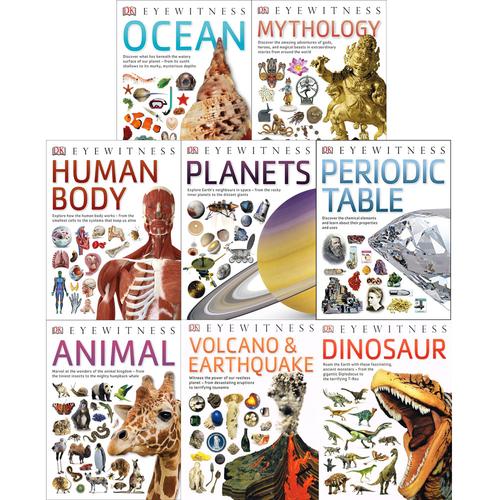 DK Eyewitness Collection 8 Books Set | Ocean, Mythology, Human Body, Planets, Periodic Table, Animal, Volcano & Earthquake, Dinosaur – Children’s Educational Books